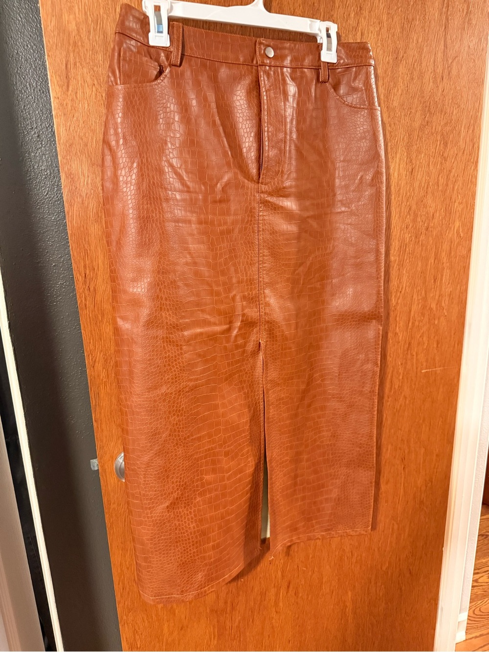 Faux Croc-Embossed Midi Skirt in Cognac Brown